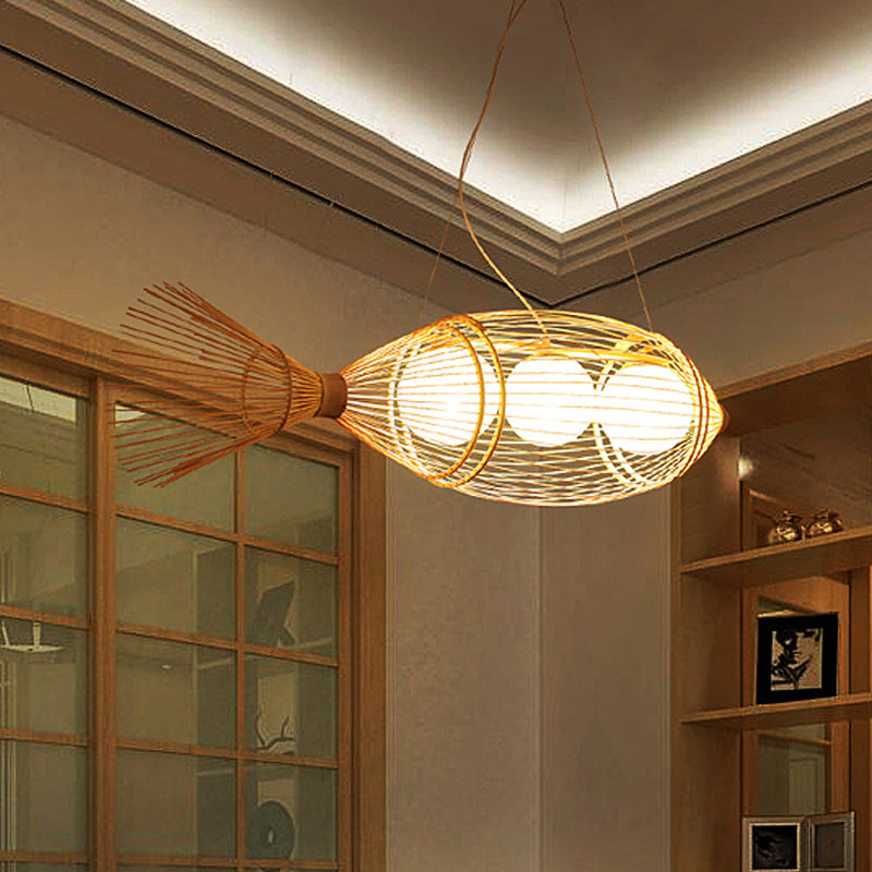 Chinese Fish Shaped Pendant Lamp Bamboo 3 Lights Bistro Chandelier with Ball Shade Inside in Wood Clearhalo 'Ceiling Lights' 'Chandeliers' Lighting' options 809179