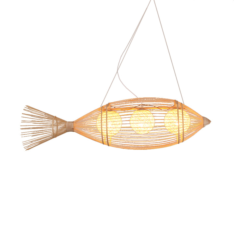 Chinese Fish Shaped Pendant Lamp Bamboo 3 Lights Bistro Chandelier with Ball  Shade Inside in Wood - Clearhalo