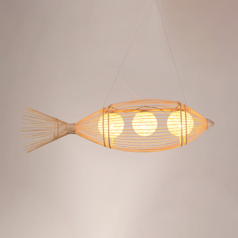 Chinese Fish Shaped Pendant Lamp Bamboo 3 Lights Bistro Chandelier with Ball Shade Inside in Wood Clearhalo 'Ceiling Lights' 'Chandeliers' Lighting' options 809182