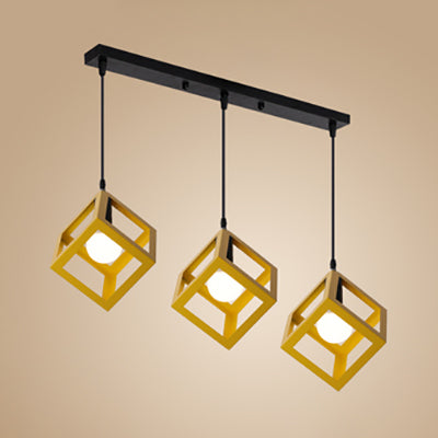 Squared Cage Metallic Ceiling Fixture Industrial Style 3 Head Hallway Pendant Light with Round/Linear Canopy in Red/Yellow Yellow Linear Clearhalo 'Ceiling Lights' 'Modern Pendants' 'Modern' 'Pendant Lights' 'Pendants' Lighting' 80918