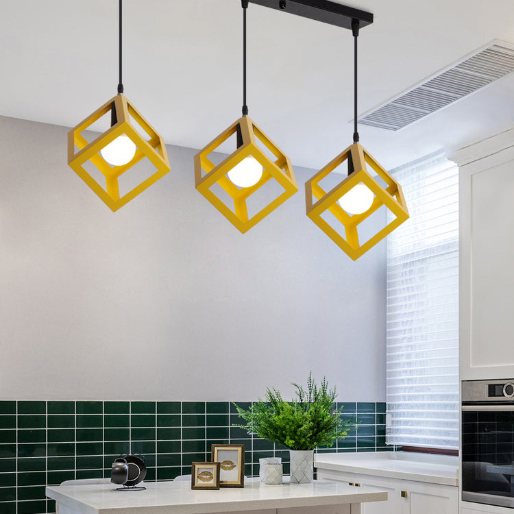 Squared Cage Metallic Ceiling Fixture Industrial Style 3 Head Hallway Pendant Light with Round/Linear Canopy in Red/Yellow Clearhalo 'Ceiling Lights' 'Modern Pendants' 'Modern' 'Pendant Lights' 'Pendants' Lighting' 80919