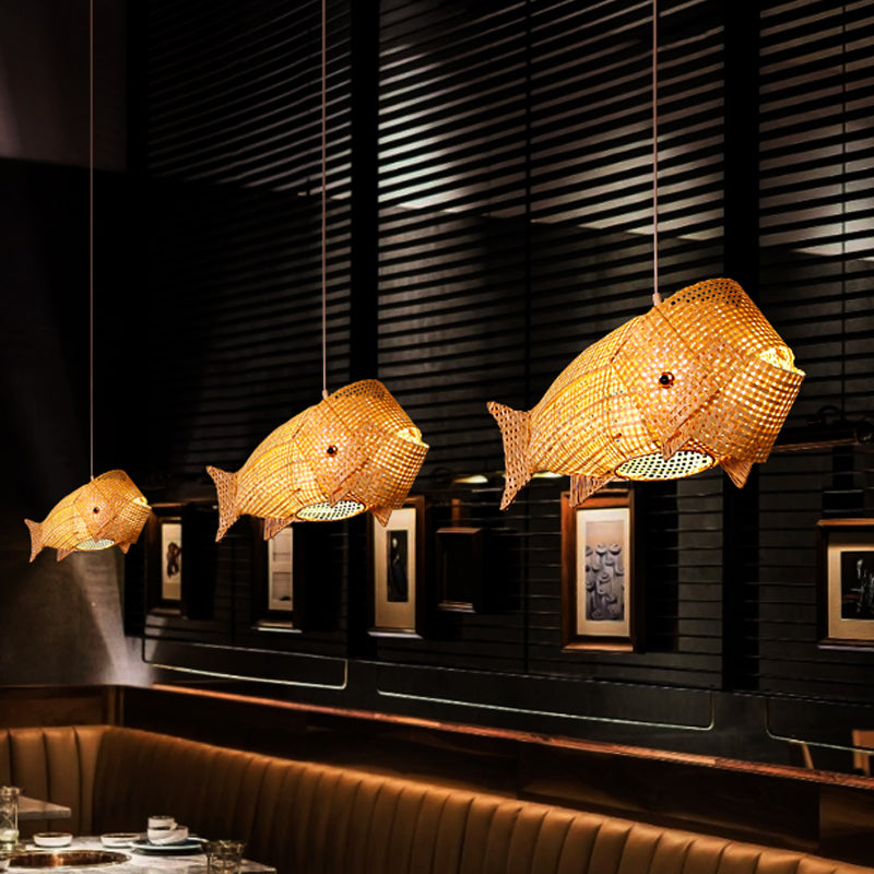 Carp Fish Restaurant Hanging Light Bamboo Woven 1-Light Chinese Ceiling Pendant in Beige Clearhalo 'Ceiling Lights' 'Pendant Lights' 'Pendants' Lighting' 809190