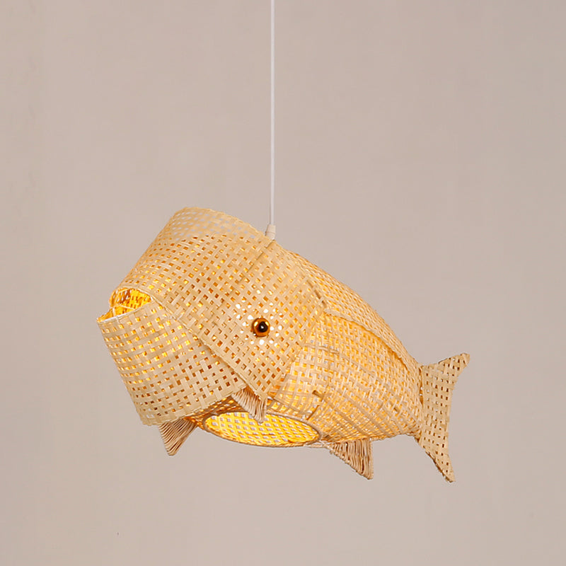 Carp Fish Restaurant Hanging Light Bamboo Woven 1-Light Chinese Ceiling Pendant in Beige Clearhalo 'Ceiling Lights' 'Pendant Lights' 'Pendants' Lighting' 809192