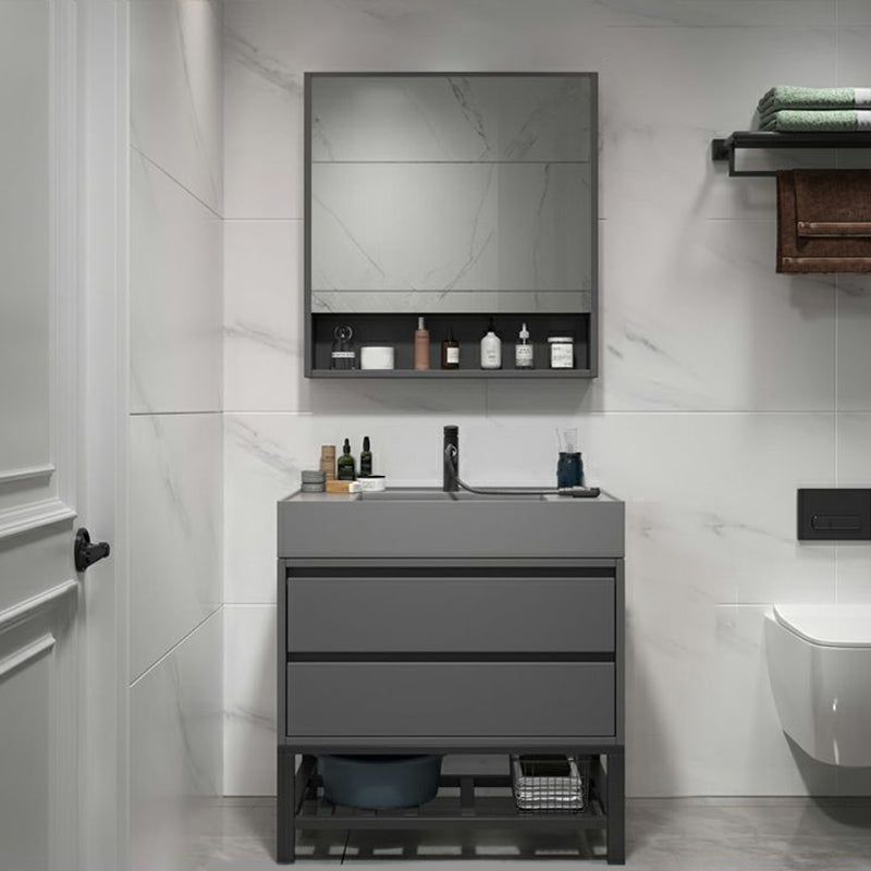 2 Drawers Bathroom Vanity Single Sink Wood Frame Mirror Soft Close Door in Grey 24"L x 19"W x 31"H Clearhalo 'Bathroom Remodel & Bathroom Fixtures' 'Bathroom Vanities' 'bathroom_vanities' 'Home Improvement' 'home_improvement' 'home_improvement_bathroom_vanities' 8092053