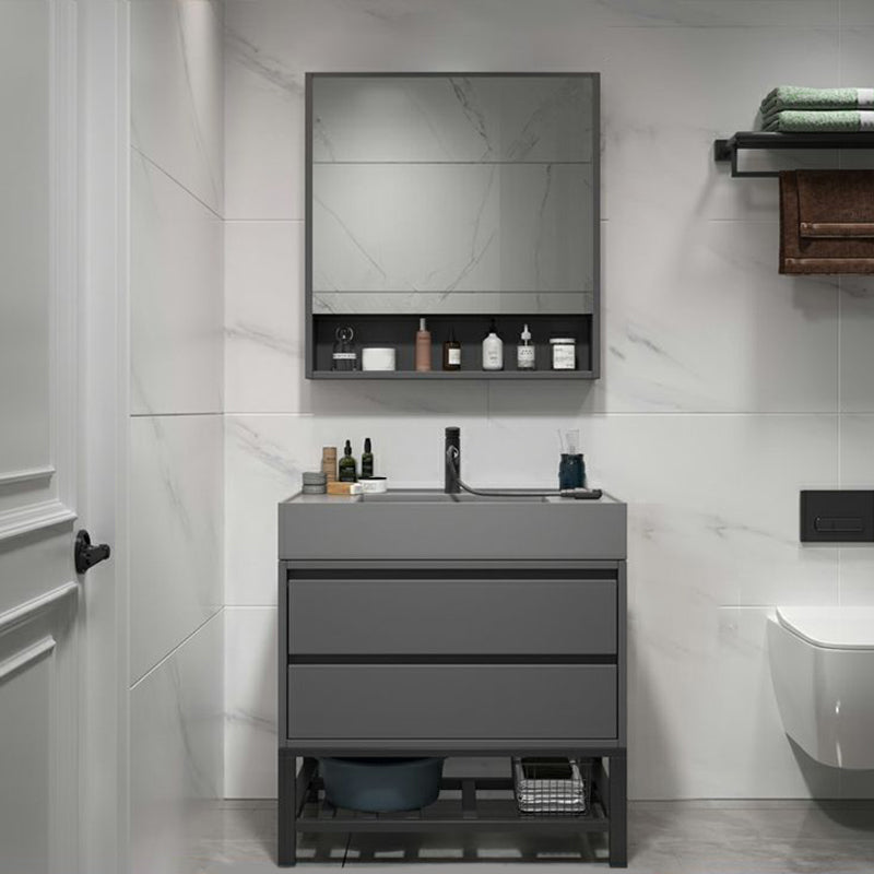 2 Drawers Bathroom Vanity Single Sink Wood Frame Mirror Soft Close Door in Grey Clearhalo 'Bathroom Remodel & Bathroom Fixtures' 'Bathroom Vanities' 'bathroom_vanities' 'Home Improvement' 'home_improvement' 'home_improvement_bathroom_vanities' 8092054