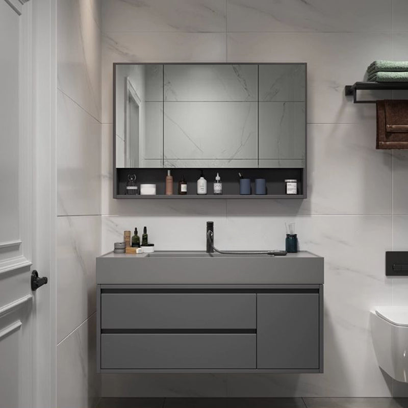 2 Drawers Bathroom Vanity Single Sink Wood Frame Mirror Soft Close Door in Grey Clearhalo 'Bathroom Remodel & Bathroom Fixtures' 'Bathroom Vanities' 'bathroom_vanities' 'Home Improvement' 'home_improvement' 'home_improvement_bathroom_vanities' 8092055