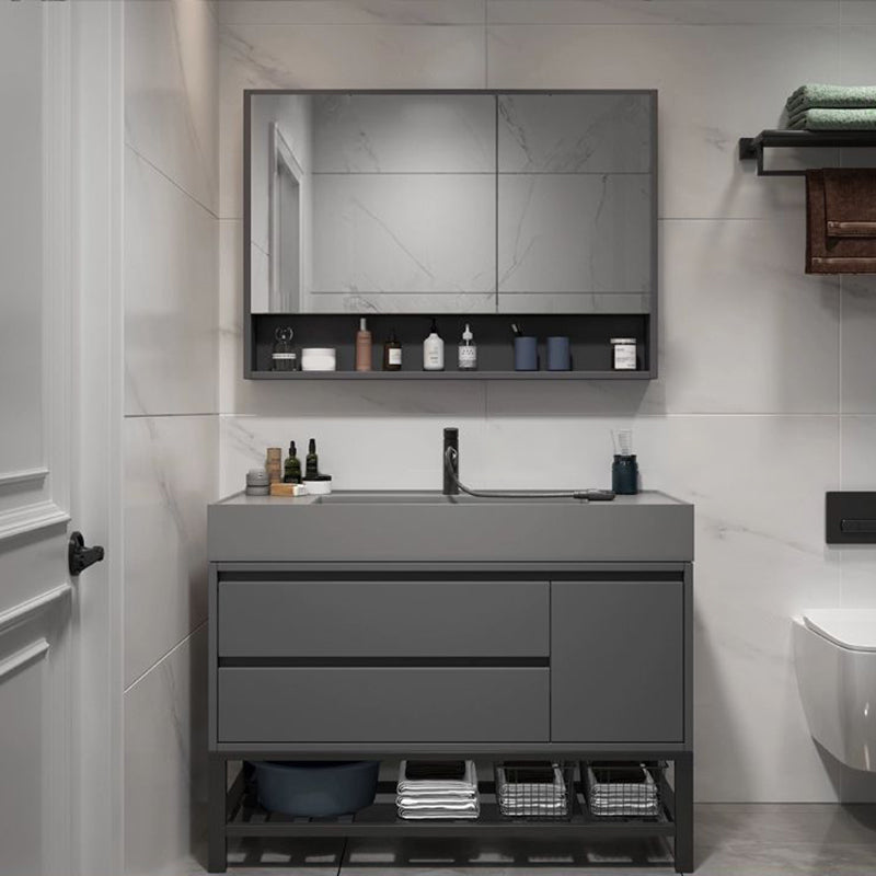 2 Drawers Bathroom Vanity Single Sink Wood Frame Mirror Soft Close Door in Grey Clearhalo 'Bathroom Remodel & Bathroom Fixtures' 'Bathroom Vanities' 'bathroom_vanities' 'Home Improvement' 'home_improvement' 'home_improvement_bathroom_vanities' 8092056