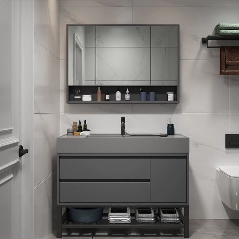 2 Drawers Bathroom Vanity Single Sink Wood Frame Mirror Soft Close Door in Grey Clearhalo 'Bathroom Remodel & Bathroom Fixtures' 'Bathroom Vanities' 'bathroom_vanities' 'Home Improvement' 'home_improvement' 'home_improvement_bathroom_vanities' 8092057