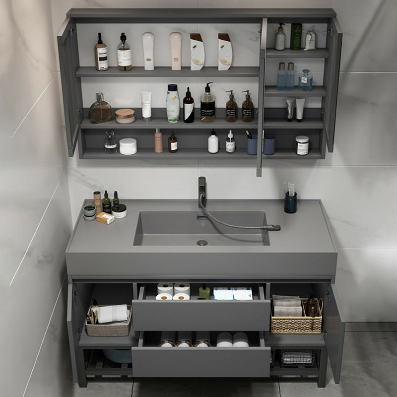 2 Drawers Bathroom Vanity Single Sink Wood Frame Mirror Soft Close Door in Grey Clearhalo 'Bathroom Remodel & Bathroom Fixtures' 'Bathroom Vanities' 'bathroom_vanities' 'Home Improvement' 'home_improvement' 'home_improvement_bathroom_vanities' 8092058