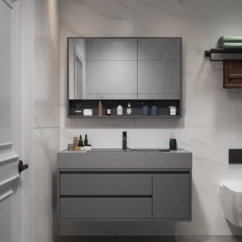 2 Drawers Bathroom Vanity Single Sink Wood Frame Mirror Soft Close Door in Grey Clearhalo 'Bathroom Remodel & Bathroom Fixtures' 'Bathroom Vanities' 'bathroom_vanities' 'Home Improvement' 'home_improvement' 'home_improvement_bathroom_vanities' 8092059