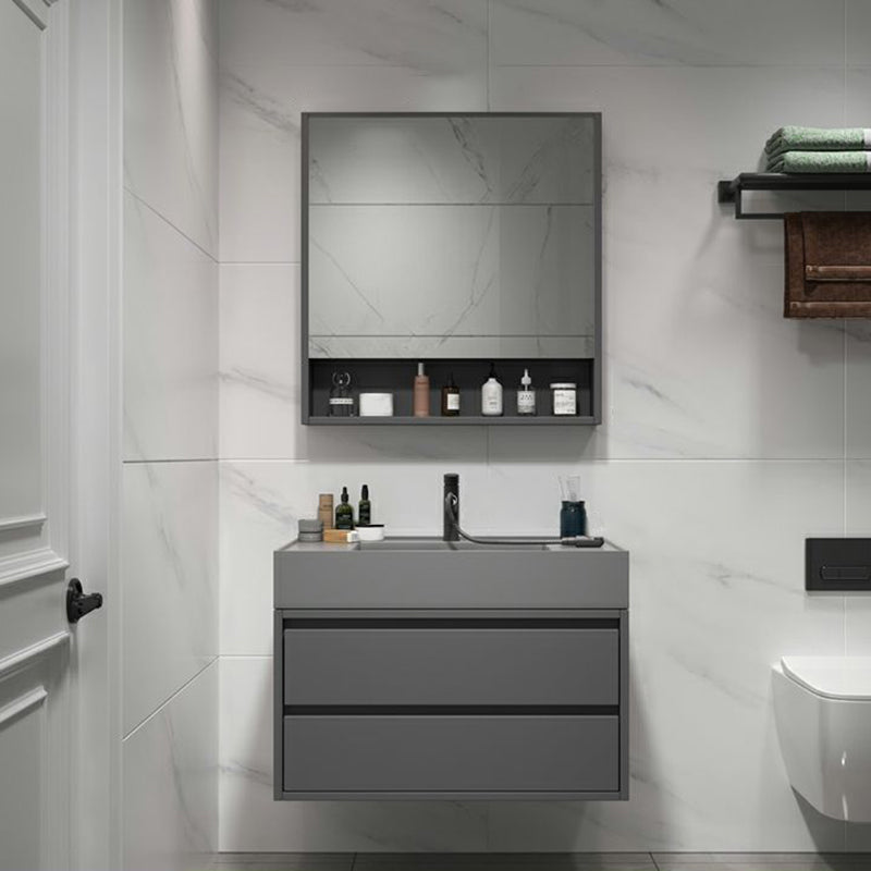 2 Drawers Bathroom Vanity Single Sink Wood Frame Mirror Soft Close Door in Grey 24"L x 19"W x 21"H Clearhalo 'Bathroom Remodel & Bathroom Fixtures' 'Bathroom Vanities' 'bathroom_vanities' 'Home Improvement' 'home_improvement' 'home_improvement_bathroom_vanities' 8092061