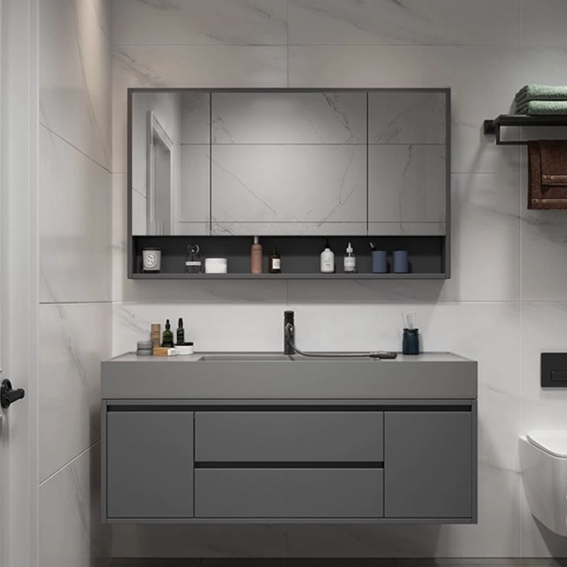 2 Drawers Bathroom Vanity Single Sink Wood Frame Mirror Soft Close Door in Grey Clearhalo 'Bathroom Remodel & Bathroom Fixtures' 'Bathroom Vanities' 'bathroom_vanities' 'Home Improvement' 'home_improvement' 'home_improvement_bathroom_vanities' 8092065