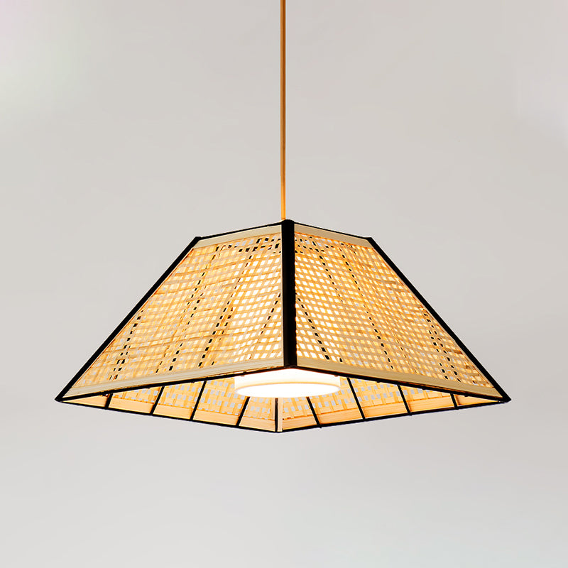 Japanese Gridded Pyramid Pendant Lamp Bamboo 1 Head Restaurant Suspension Lighting with Inner White Fabric Shade Clearhalo 'Ceiling Lights' 'Pendant Lights' 'Pendants' Lighting' 809207