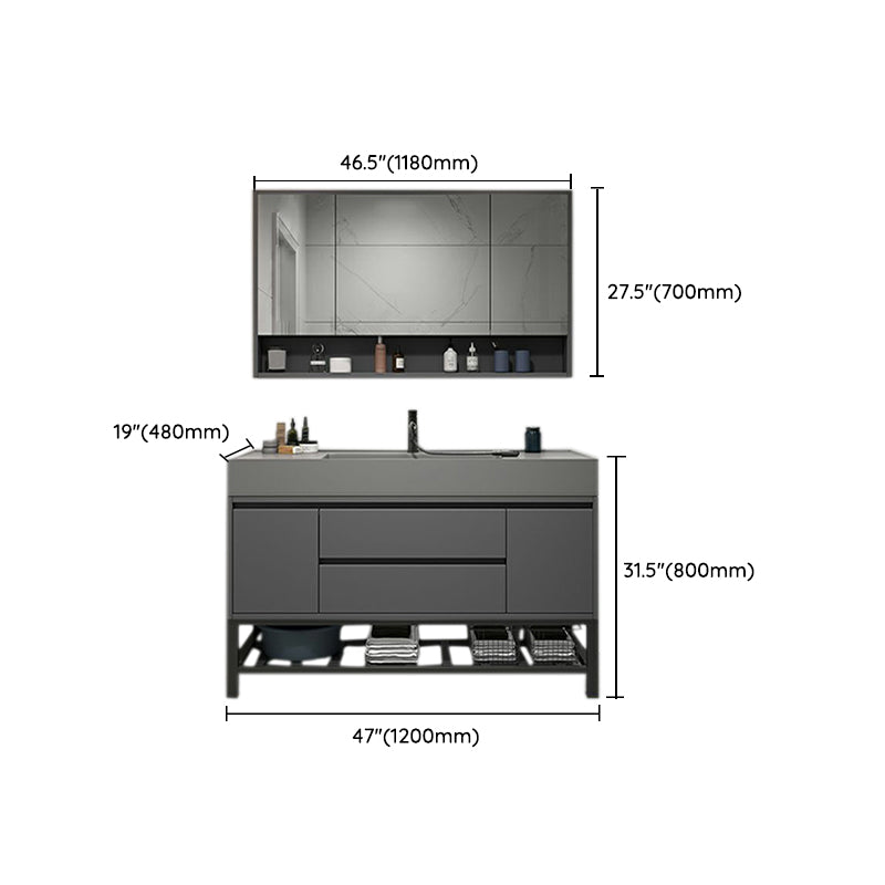 2 Drawers Bathroom Vanity Single Sink Wood Frame Mirror Soft Close Door in Grey Clearhalo 'Bathroom Remodel & Bathroom Fixtures' 'Bathroom Vanities' 'bathroom_vanities' 'Home Improvement' 'home_improvement' 'home_improvement_bathroom_vanities' 8092071