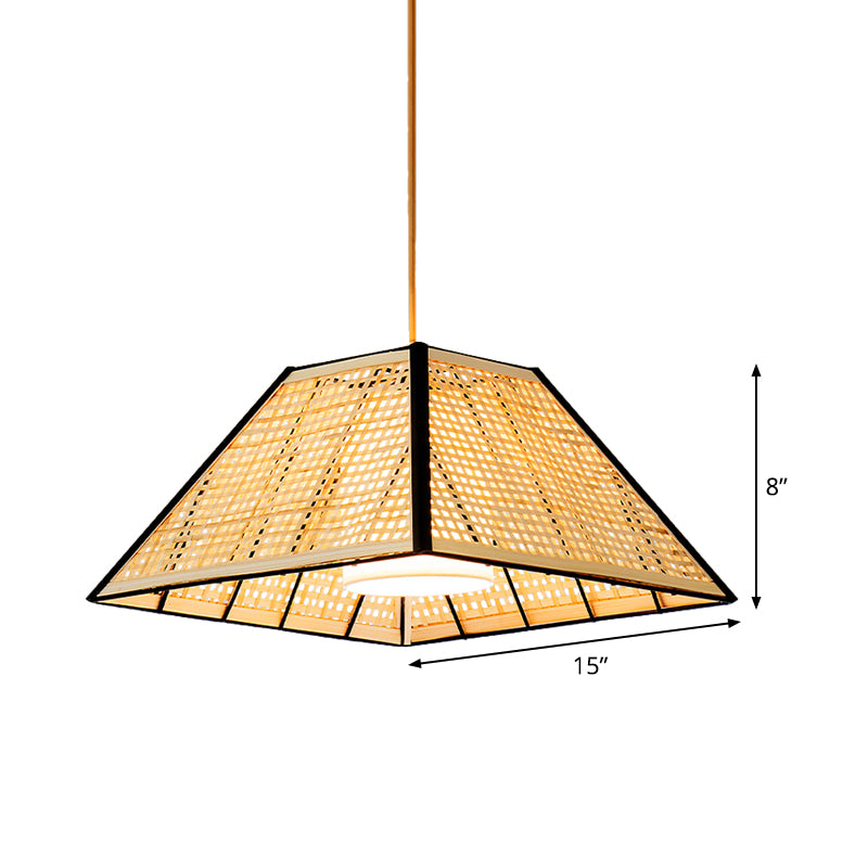 Japanese Gridded Pyramid Pendant Lamp Bamboo 1 Head Restaurant Suspension Lighting with Inner White Fabric Shade Clearhalo 'Ceiling Lights' 'Pendant Lights' 'Pendants' Lighting' 809208