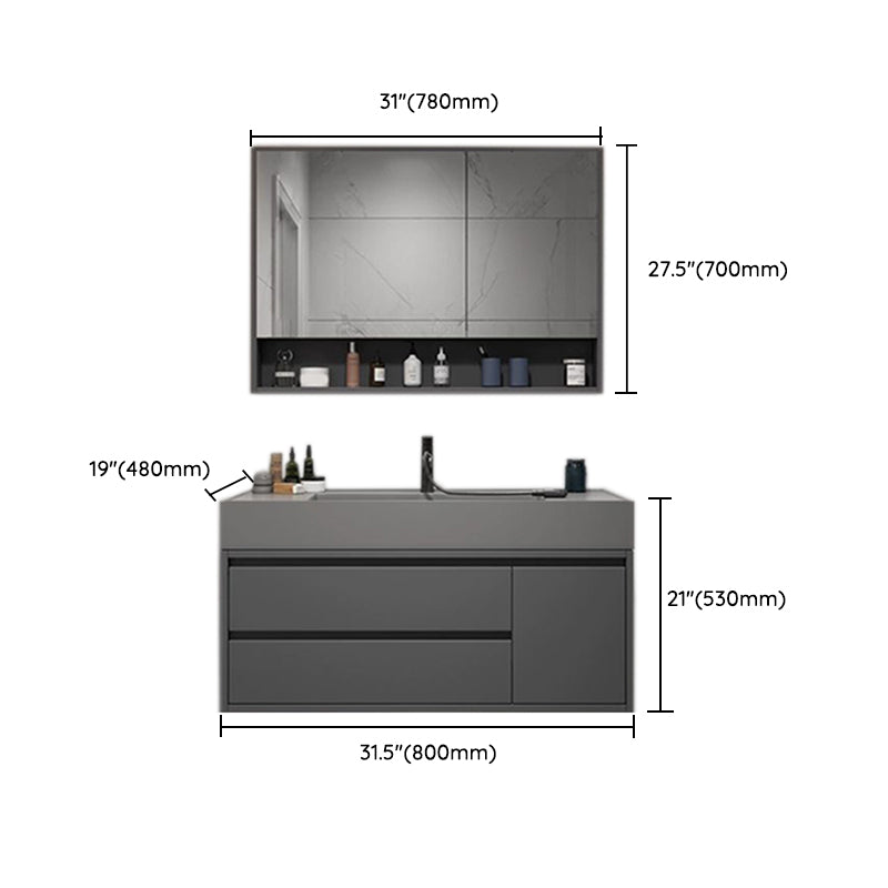 2 Drawers Bathroom Vanity Single Sink Wood Frame Mirror Soft Close Door in Grey Clearhalo 'Bathroom Remodel & Bathroom Fixtures' 'Bathroom Vanities' 'bathroom_vanities' 'Home Improvement' 'home_improvement' 'home_improvement_bathroom_vanities' 8092080