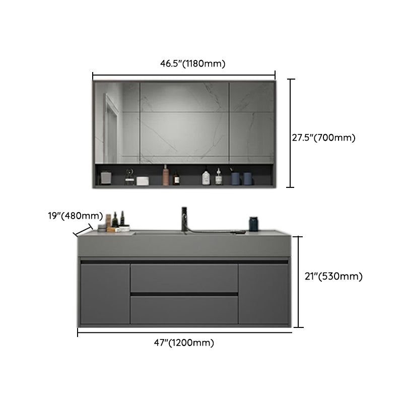 2 Drawers Bathroom Vanity Single Sink Wood Frame Mirror Soft Close Door in Grey Clearhalo 'Bathroom Remodel & Bathroom Fixtures' 'Bathroom Vanities' 'bathroom_vanities' 'Home Improvement' 'home_improvement' 'home_improvement_bathroom_vanities' 8092084