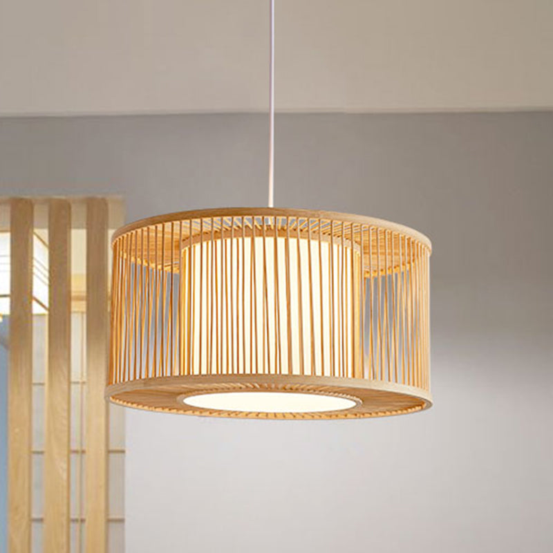 Handmade Drum Cage Bistro Pendant Light Bamboo 1 Bulb Asia Hanging Lamp Kit with Shade Inside Wood Clearhalo 'Ceiling Lights' 'Pendant Lights' 'Pendants' Lighting' 809220_7709c978-2622-4405-9e30-2a64578eba65