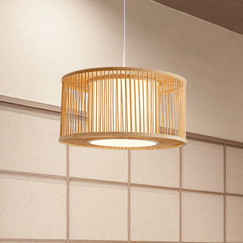Handmade Drum Cage Bistro Pendant Light Bamboo 1 Bulb Asia Hanging Lamp Kit with Shade Inside Clearhalo 'Ceiling Lights' 'Pendant Lights' 'Pendants' Lighting' 809221