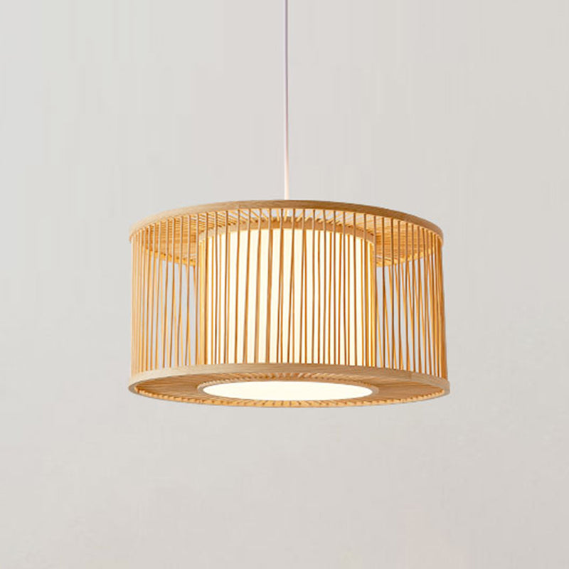 Handmade Drum Cage Bistro Pendant Light Bamboo 1 Bulb Asia Hanging Lamp Kit with Shade Inside Clearhalo 'Ceiling Lights' 'Pendant Lights' 'Pendants' Lighting' 809223
