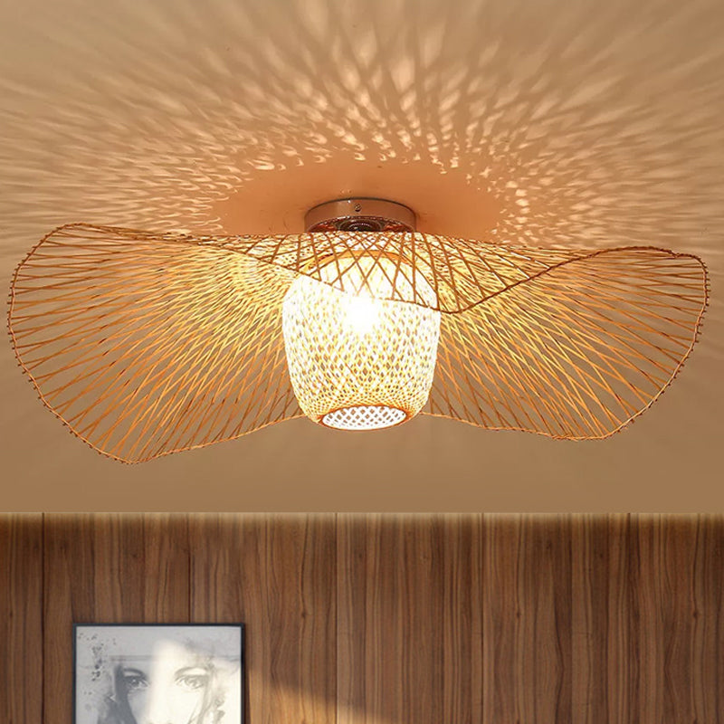 Modern Stylish Floppy Hat Flush Mount Bamboo Weaving 1-Light 25.5"/29.5" Wide Clothing Store Ceiling Light Fixture in Wood Wood Clearhalo 'Ceiling Lights' 'Close To Ceiling Lights' 'Close to ceiling' 'Flush mount' Lighting' 809239