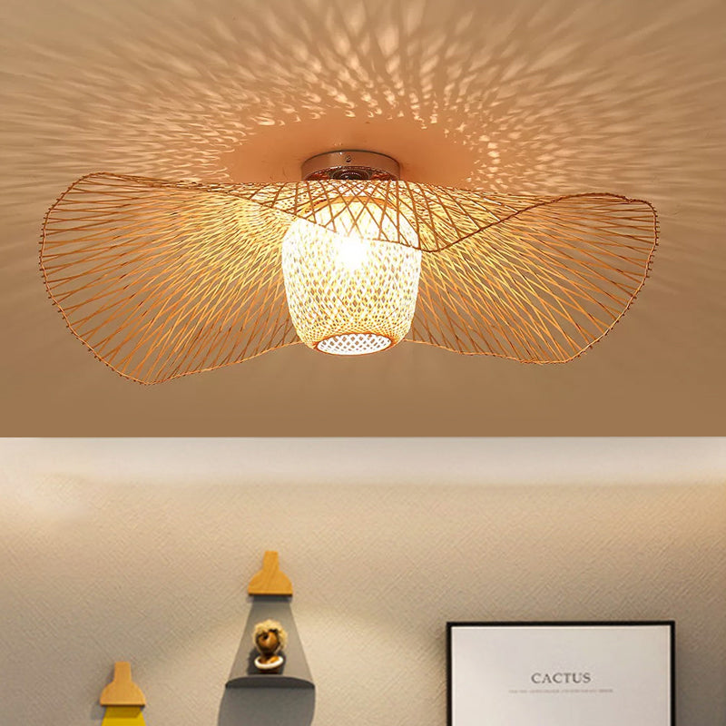 Modern Stylish Floppy Hat Flush Mount Bamboo Weaving 1-Light 25.5"/29.5" Wide Clothing Store Ceiling Light Fixture in Wood Clearhalo 'Ceiling Lights' 'Close To Ceiling Lights' 'Close to ceiling' 'Flush mount' Lighting' 809240