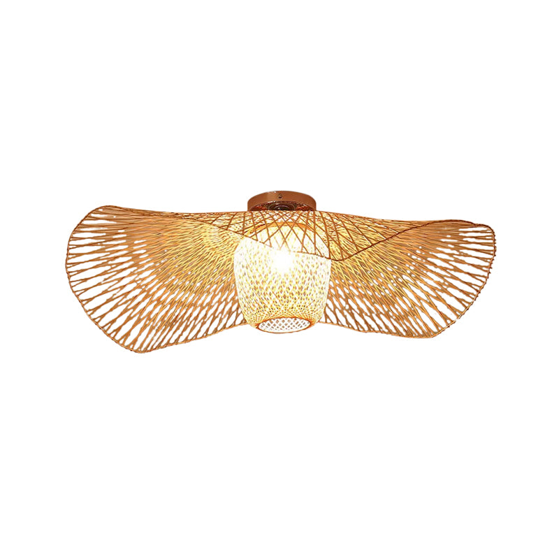 Modern Stylish Floppy Hat Flush Mount Bamboo Weaving 1-Light 25.5"/29.5" Wide Clothing Store Ceiling Light Fixture in Wood Clearhalo 'Ceiling Lights' 'Close To Ceiling Lights' 'Close to ceiling' 'Flush mount' Lighting' 809241