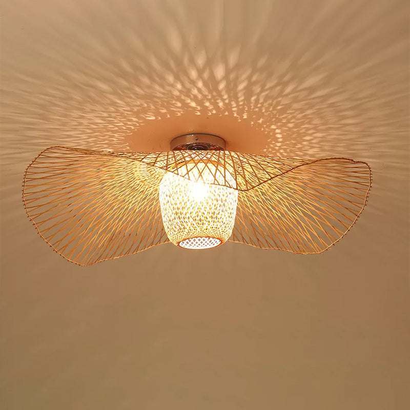 Modern Stylish Floppy Hat Flush Mount Bamboo Weaving 1-Light 25.5"/29.5" Wide Clothing Store Ceiling Light Fixture in Wood Clearhalo 'Ceiling Lights' 'Close To Ceiling Lights' 'Close to ceiling' 'Flush mount' Lighting' 809242