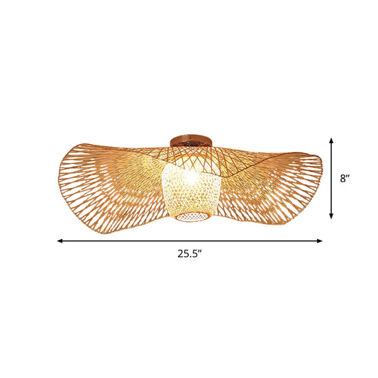 Modern Stylish Floppy Hat Flush Mount Bamboo Weaving 1-Light 25.5"/29.5" Wide Clothing Store Ceiling Light Fixture in Wood Clearhalo 'Ceiling Lights' 'Close To Ceiling Lights' 'Close to ceiling' 'Flush mount' Lighting' 809243