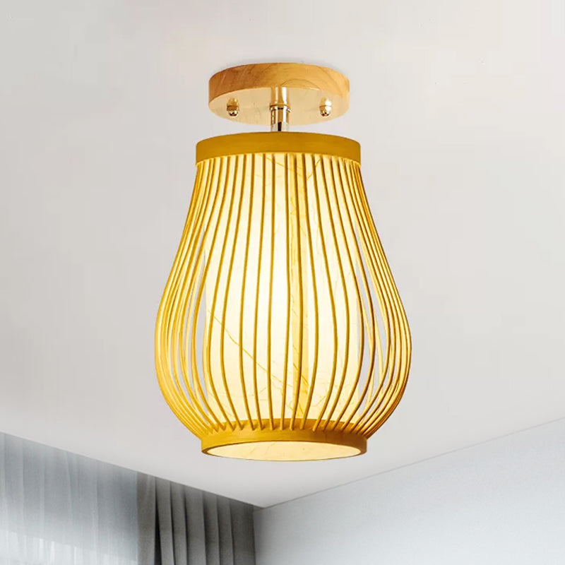 Asia 1 Head Ceiling Mounted Light Wood Pear/Globe Semi Flush Light Fixture with Bamboo Cage and Inner Cylindrical Shade Wood B Clearhalo 'Ceiling Lights' 'Close To Ceiling Lights' 'Close to ceiling' 'Semi-flushmount' Lighting' 809245