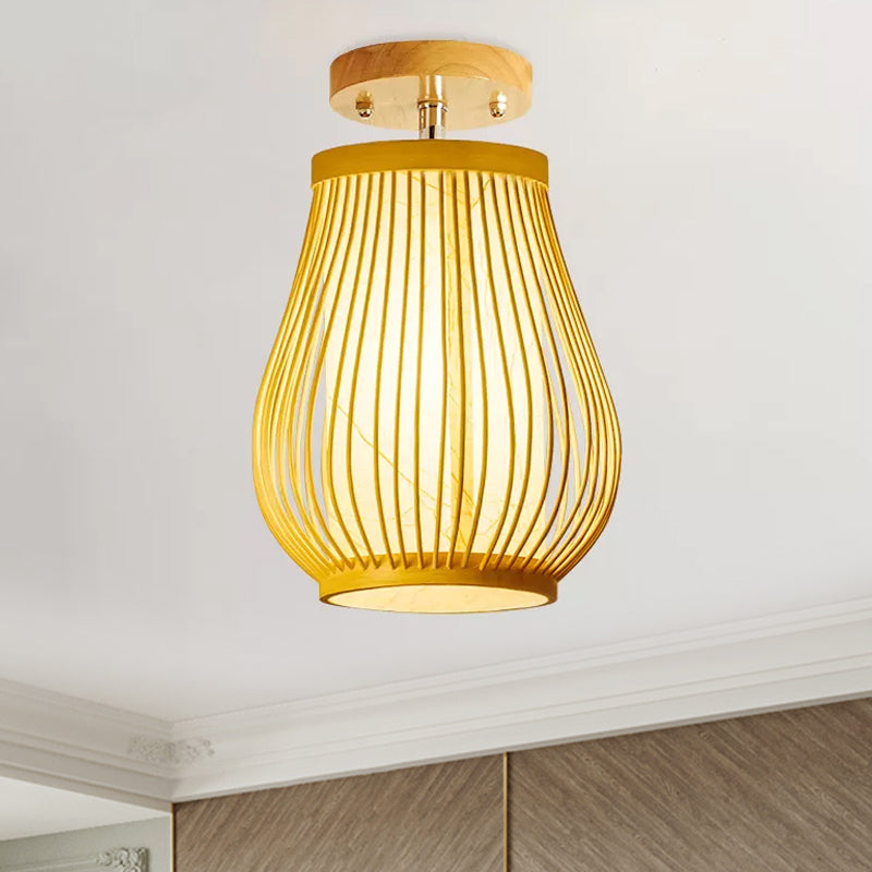 Asia 1 Head Ceiling Mounted Light Wood Pear/Globe Semi Flush Light Fixture with Bamboo Cage and Inner Cylindrical Shade Clearhalo 'Ceiling Lights' 'Close To Ceiling Lights' 'Close to ceiling' 'Semi-flushmount' Lighting' 809246