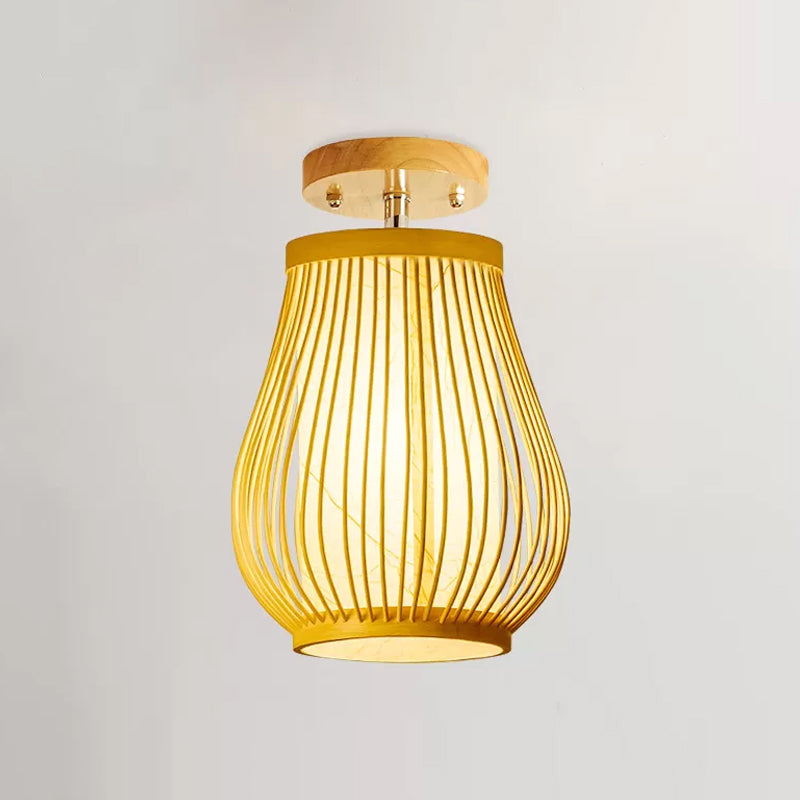 Asia 1 Head Ceiling Mounted Light Wood Pear/Globe Semi Flush Light Fixture with Bamboo Cage and Inner Cylindrical Shade Clearhalo 'Ceiling Lights' 'Close To Ceiling Lights' 'Close to ceiling' 'Semi-flushmount' Lighting' 809248