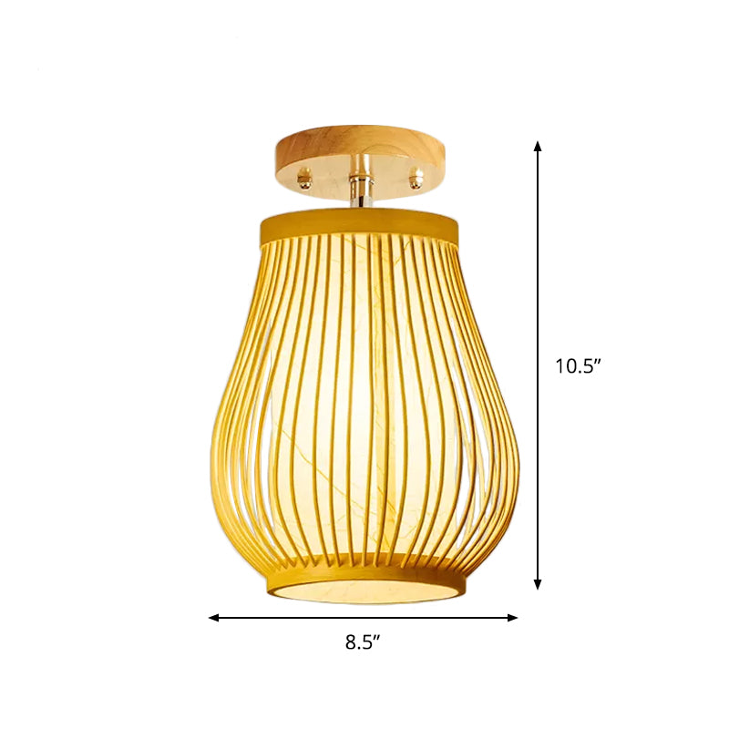 Asia 1 Head Ceiling Mounted Light Wood Pear/Globe Semi Flush Light Fixture with Bamboo Cage and Inner Cylindrical Shade Clearhalo 'Ceiling Lights' 'Close To Ceiling Lights' 'Close to ceiling' 'Semi-flushmount' Lighting' 809249