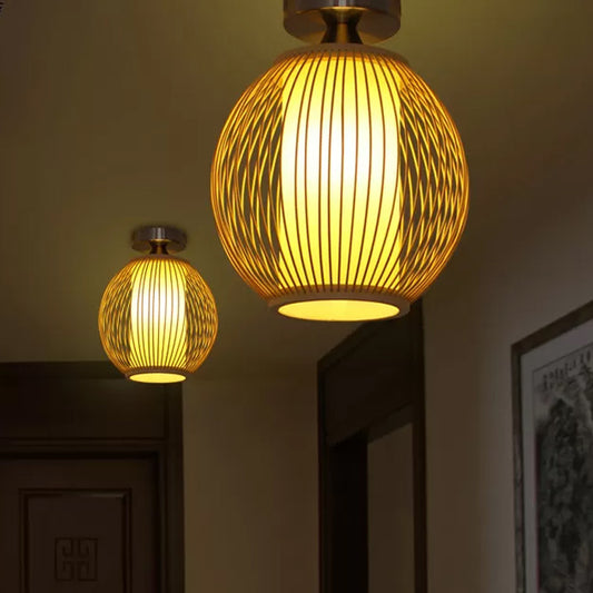 Asia 1 Head Ceiling Mounted Light Wood Pear/Globe Semi Flush Light Fixture with Bamboo Cage and Inner Cylindrical Shade Wood A Clearhalo 'Ceiling Lights' 'Close To Ceiling Lights' 'Close to ceiling' 'Semi-flushmount' Lighting' 809250