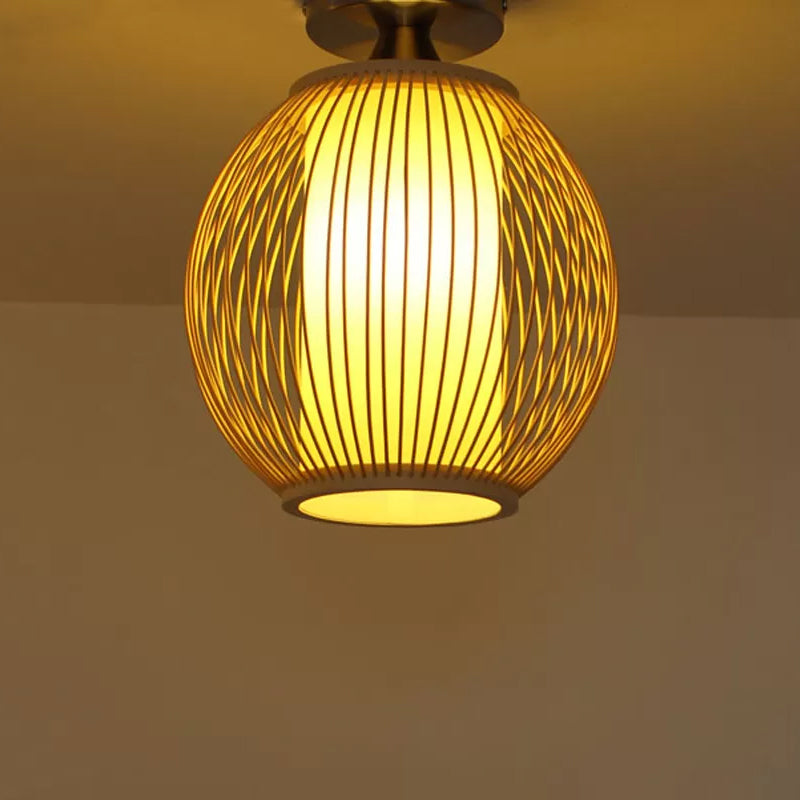 Asia 1 Head Ceiling Mounted Light Wood Pear/Globe Semi Flush Light Fixture with Bamboo Cage and Inner Cylindrical Shade Clearhalo 'Ceiling Lights' 'Close To Ceiling Lights' 'Close to ceiling' 'Semi-flushmount' Lighting' 809251