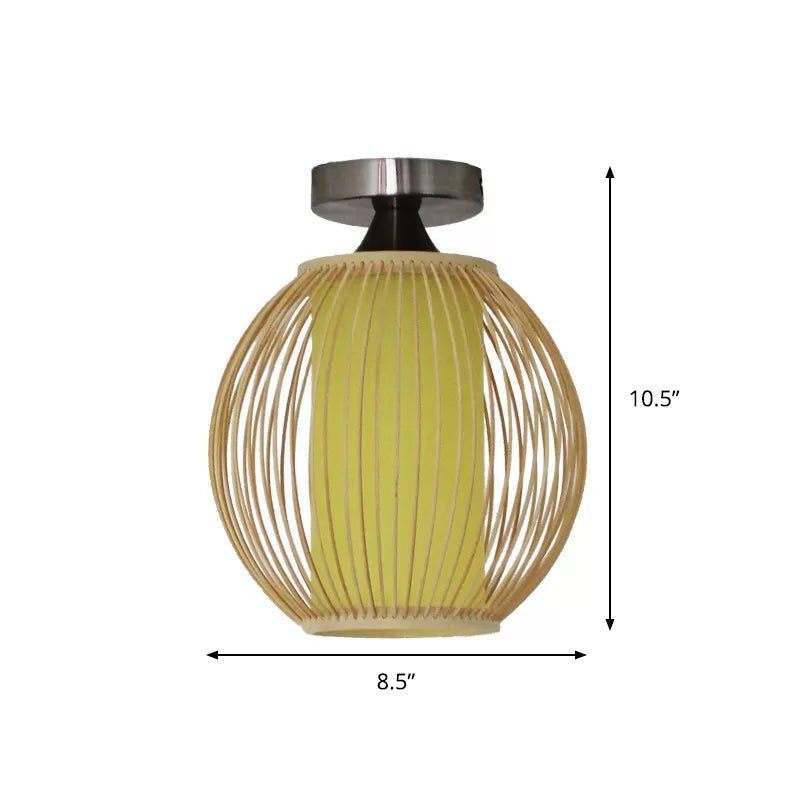 Asia 1 Head Ceiling Mounted Light Wood Pear/Globe Semi Flush Light Fixture with Bamboo Cage and Inner Cylindrical Shade Clearhalo 'Ceiling Lights' 'Close To Ceiling Lights' 'Close to ceiling' 'Semi-flushmount' Lighting' 809254