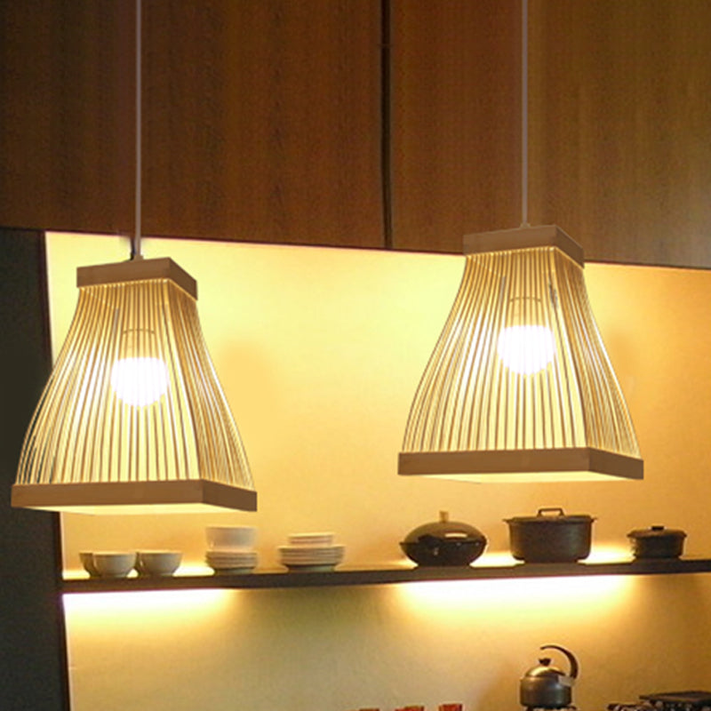 Wood Trapezoid Frame Ceiling Lamp Fixture Asian 1-Bulb Bamboo Strip LED Pendant Light Kit Clearhalo 'Ceiling Lights' 'Pendant Lights' 'Pendants' Lighting' 809261