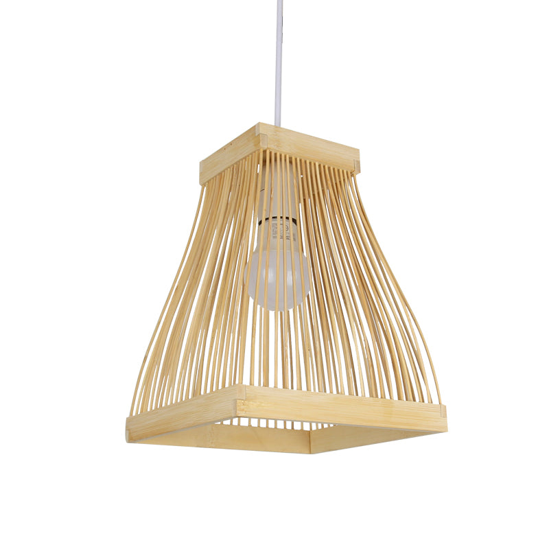 Wood Trapezoid Frame Ceiling Lamp Fixture Asian 1-Bulb Bamboo Strip LED Pendant Light Kit Clearhalo 'Ceiling Lights' 'Pendant Lights' 'Pendants' Lighting' 809263