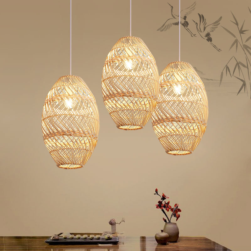 Bamboo Rattan Oval Hanging Lighting Asian 1 Light Wood Pendant Lamp Kit for Tea Room Clearhalo 'Ceiling Lights' 'Pendant Lights' 'Pendants' Lighting' 809302