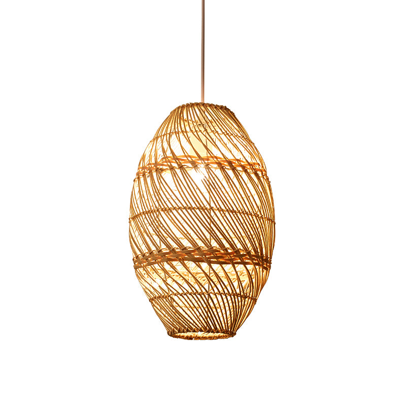 Bamboo Rattan Oval Hanging Lighting Asian 1 Light Wood Pendant Lamp Kit for Tea Room Clearhalo 'Ceiling Lights' 'Pendant Lights' 'Pendants' Lighting' 809304