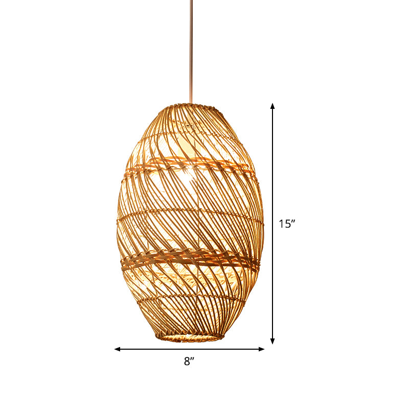 Bamboo Rattan Oval Hanging Lighting Asian 1 Light Wood Pendant Lamp Kit for Tea Room Clearhalo 'Ceiling Lights' 'Pendant Lights' 'Pendants' Lighting' 809305