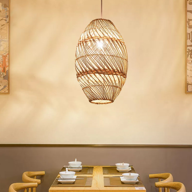 Wood Oblong Suspension Light Asian-Style 1 Bulb Bamboo Rattan Ceiling Pendant Lamp Clearhalo 'Ceiling Lights' 'Pendant Lights' 'Pendants' Lighting' 809306