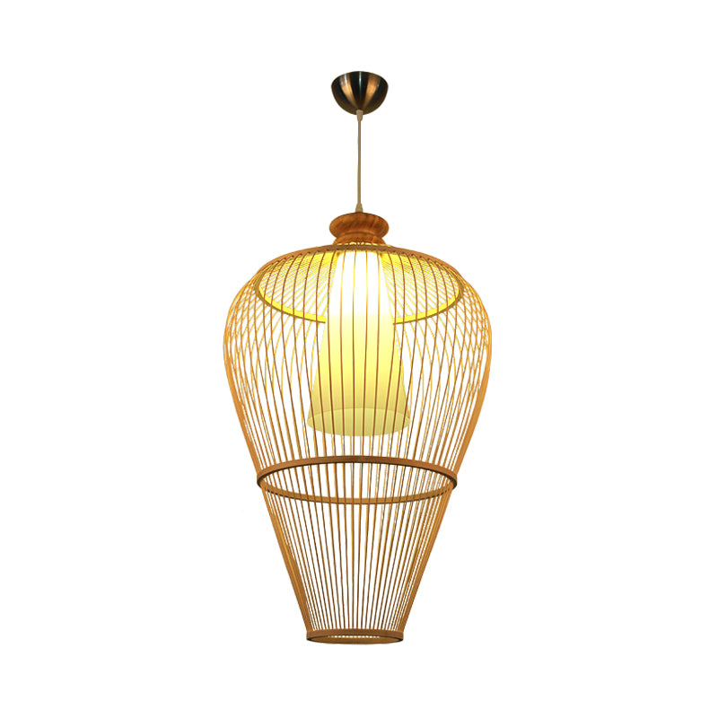 Rural Urn Cage Bamboo Pendulum Light Single-Bulb Pendant Lighting Fixture in Beige with Inner Cone Shade Clearhalo 'Ceiling Lights' 'Pendant Lights' 'Pendants' Lighting' 809313