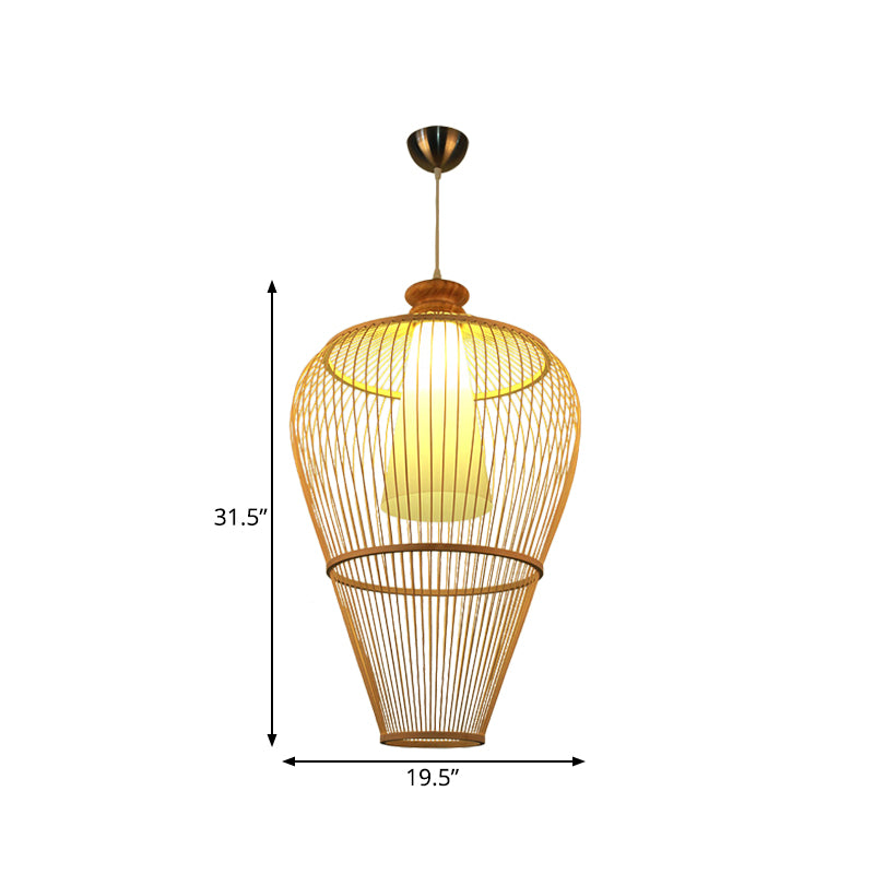 Rural Urn Cage Bamboo Pendulum Light Single-Bulb Pendant Lighting Fixture in Beige with Inner Cone Shade Clearhalo 'Ceiling Lights' 'Pendant Lights' 'Pendants' Lighting' 809315