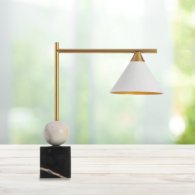 Conical Desk Lighting Minimalist Metal Single Head White Nightstand Lamp with Square Black Marble Base for Living Room Clearhalo 'Lamps' 'Table Lamps' Lighting' 809327