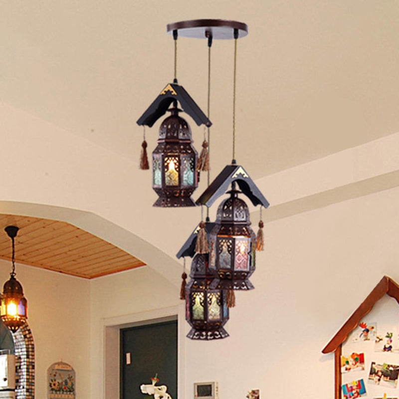 Lantern Metallic Chandelier Lamp Decorative 3 Heads Living Room Hanging Light Fixture in Bronze with Wood Roof Bronze Clearhalo 'Ceiling Lights' 'Chandeliers' Lighting' options 809389_2b17a93c-8ee9-48e8-a21f-1ce7b971401c