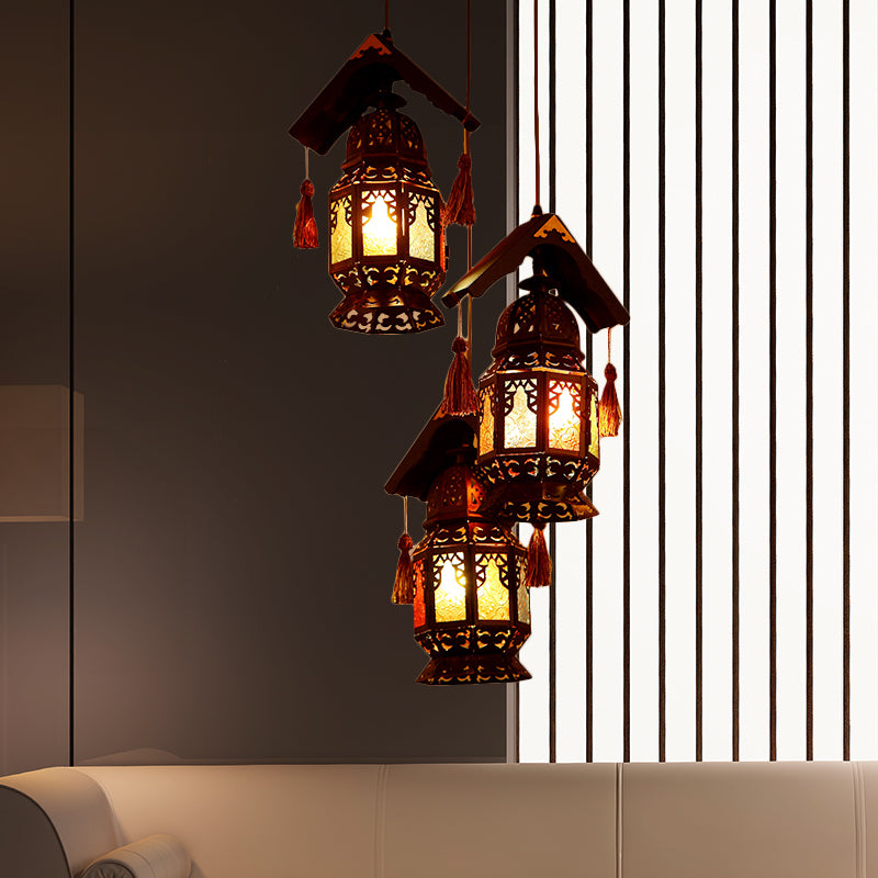 Lantern Metallic Chandelier Lamp Decorative 3 Heads Living Room Hanging Light Fixture in Bronze with Wood Roof Clearhalo 'Ceiling Lights' 'Chandeliers' Lighting' options 809390