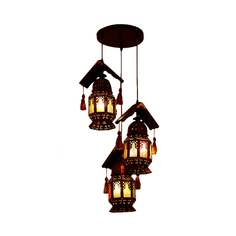 Lantern Metallic Chandelier Lamp Decorative 3 Heads Living Room Hanging Light Fixture in Bronze with Wood Roof Clearhalo 'Ceiling Lights' 'Chandeliers' Lighting' options 809391