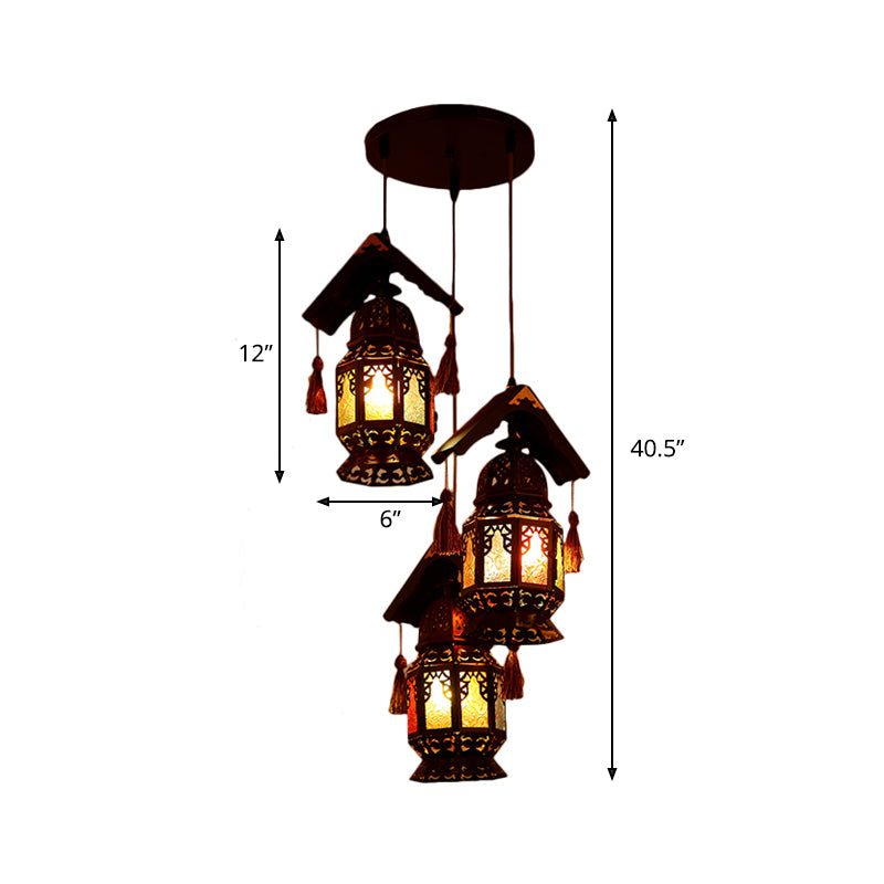 Lantern Metallic Chandelier Lamp Decorative 3 Heads Living Room Hanging Light Fixture in Bronze with Wood Roof Clearhalo 'Ceiling Lights' 'Chandeliers' Lighting' options 809393