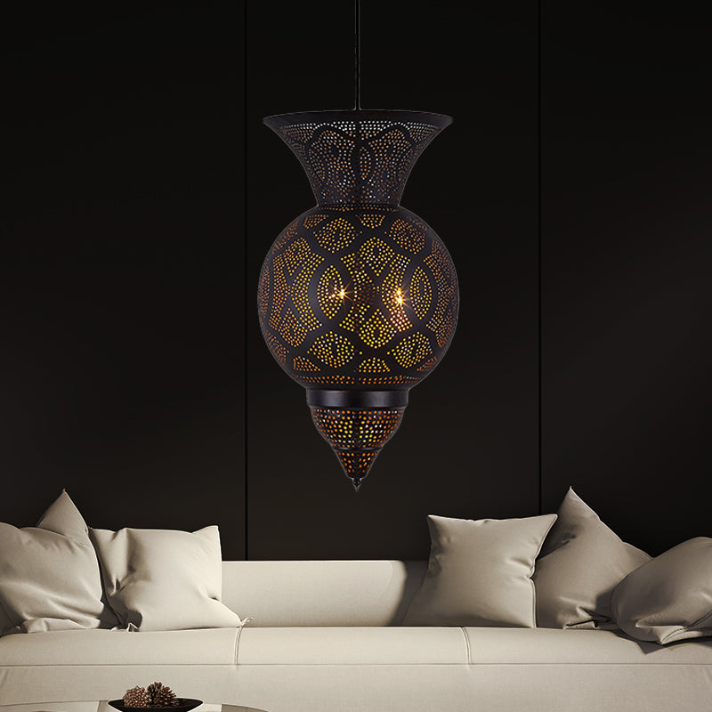 3-Bulb Etched Urn Hanging Chandelier Countryside Black Metal Ceiling Suspension Lamp Clearhalo 'Ceiling Lights' 'Chandeliers' Lighting' options 809410